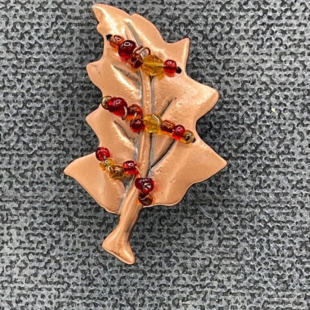 Vintage copper beaded oak leaf brooch